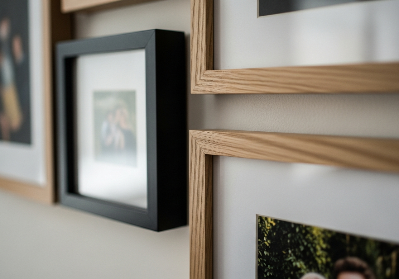 Close-up detail shot of a gallery wall corner, showing the interplay of different frame styles and sizes.